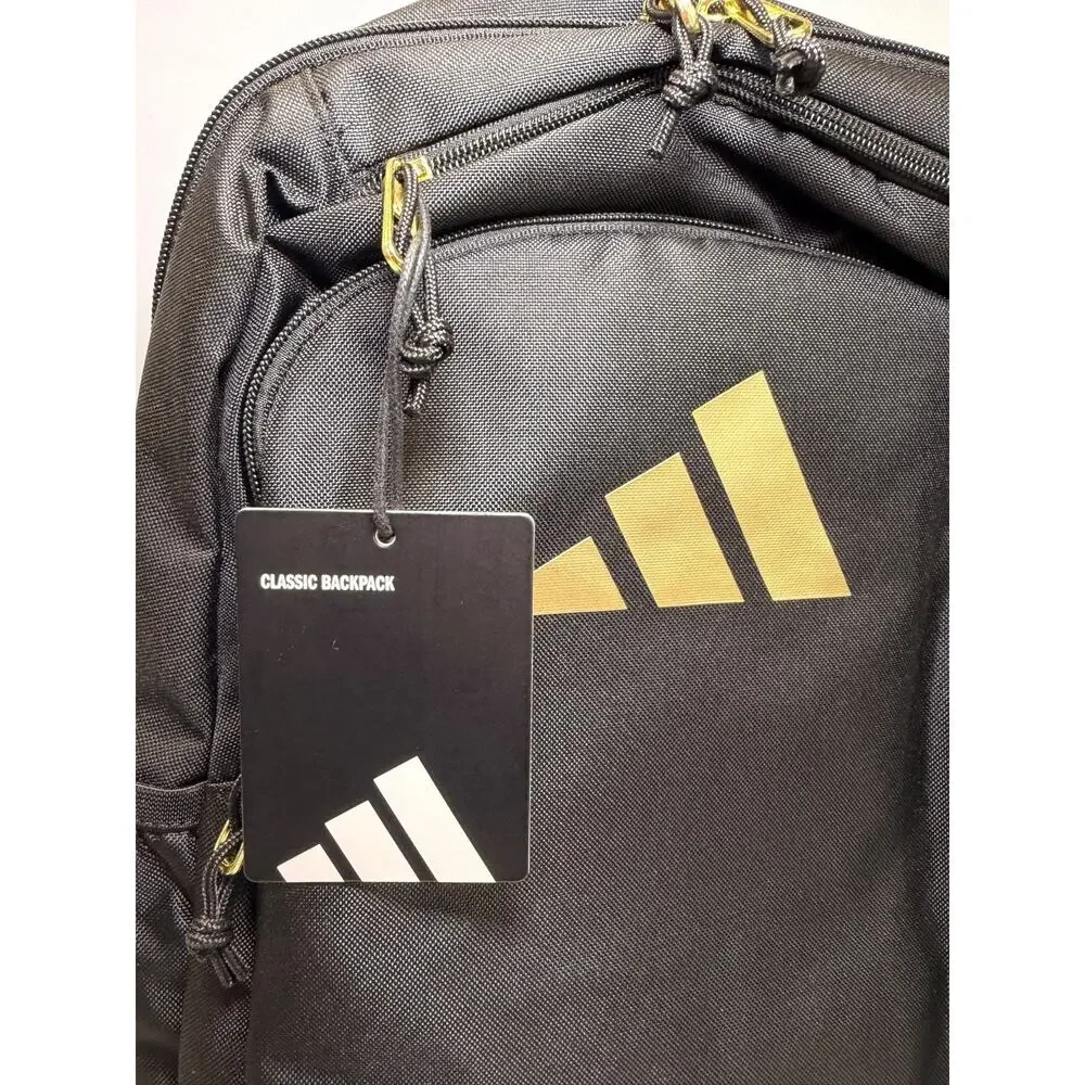 Adidas Classic Backpack Black Gold Logo Laptop School Travel Gym Bookbag NWT